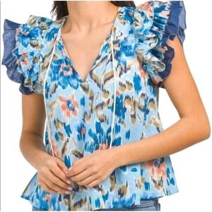 House of Harlow 1960 Zoey Ruffle Sleeve Top Floral‎ Boho Cottagecore Blue XS NWT
